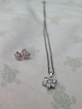 Sterling-Tone White Floral CZ Pendant Necklace with Matching Studs